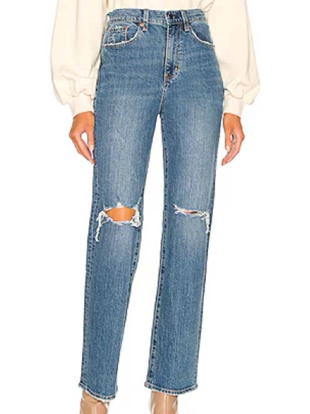 pistola Distressed Mid-Blue High-Rise Straight-Leg Jeans